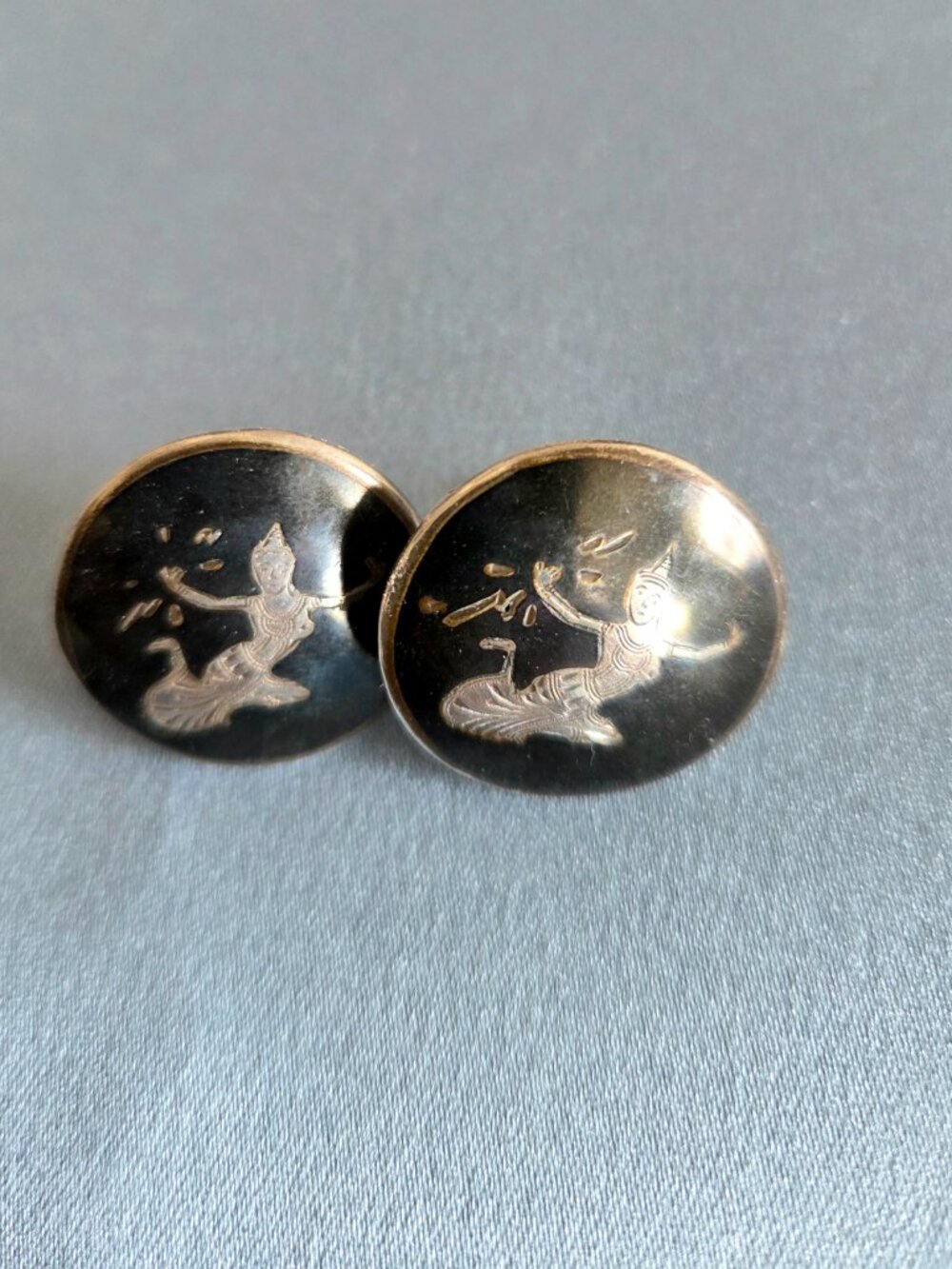 Vintage Silver Niello Enamel Earrings with Siamese Dancers Screw Back Earrings